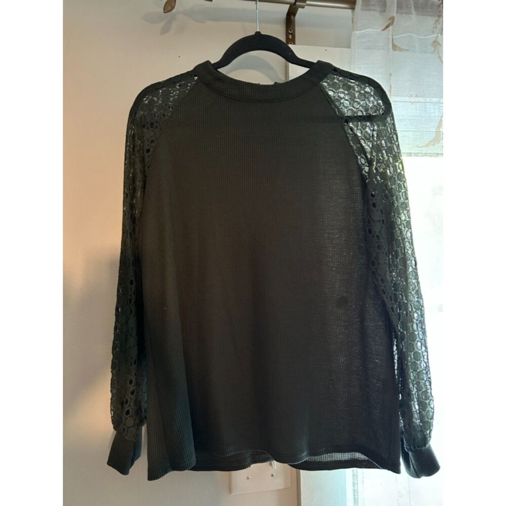 MIHOLL Women’s L Olive Green Waffle Knit Top Lace Long Sleeves Boho